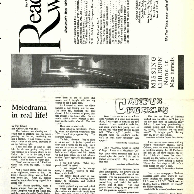 Melodrama in real life; Campus chuckles, Mock Weekly issue of Mac Weekly, May 11, 1990